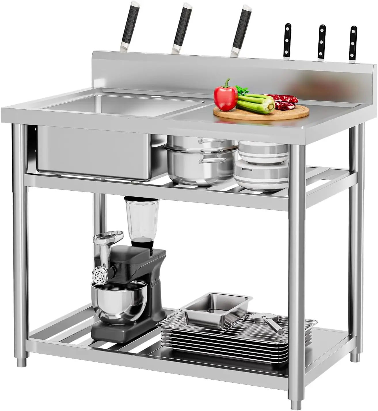 Commercial Kitchen Double Sink - RVS-afwasbak, vrijstaande afwasbakken met werkbladlade en