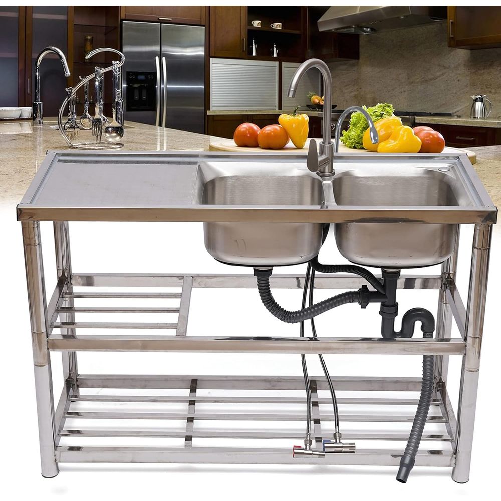Staande RVS dubbele spoelbak,  - Commercial Kitchen Double Sink recensie en prijs