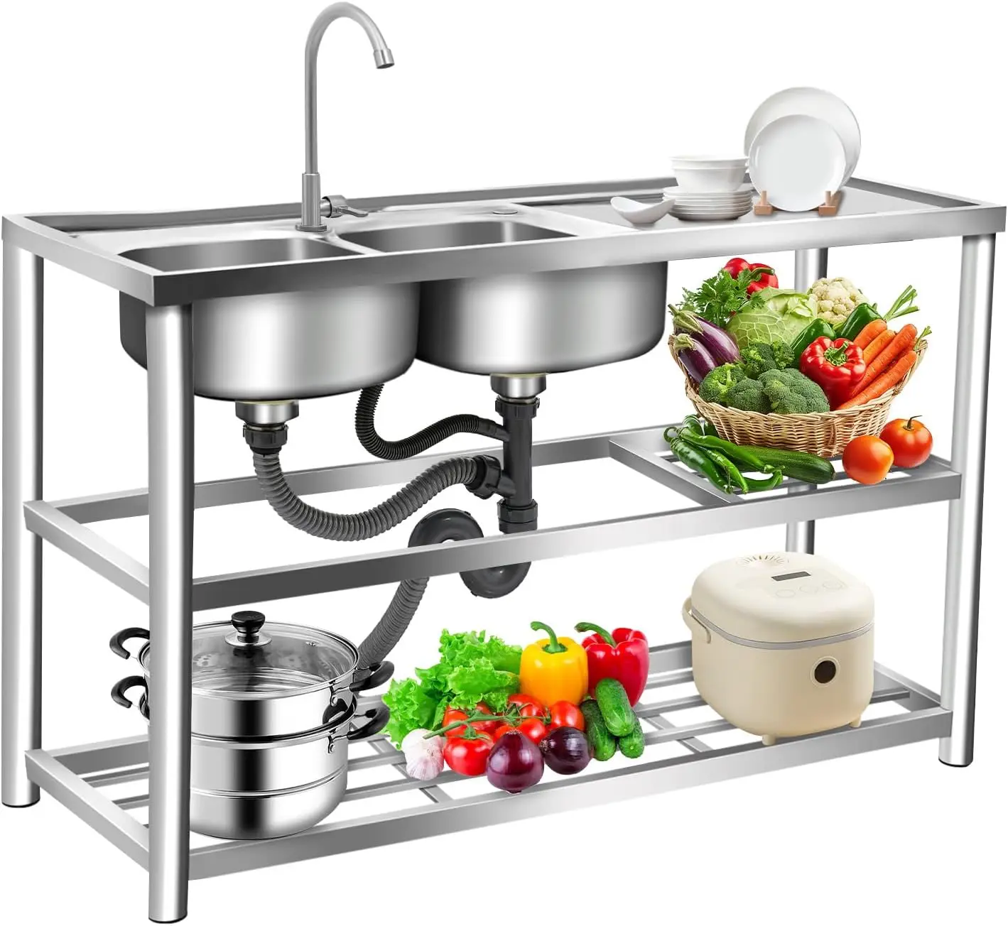 3-laags vrijstaande roestvrijs - Commercial Kitchen Double Sink recensie en prijs